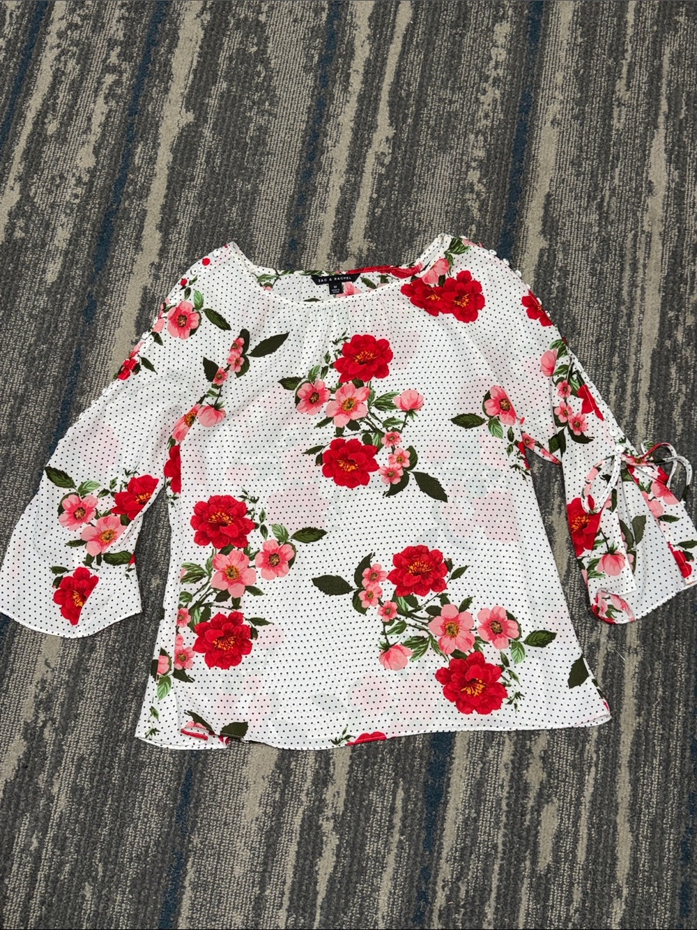 Size Medium Zac & Rachel White Blouse with Red and Pink Floral Print.